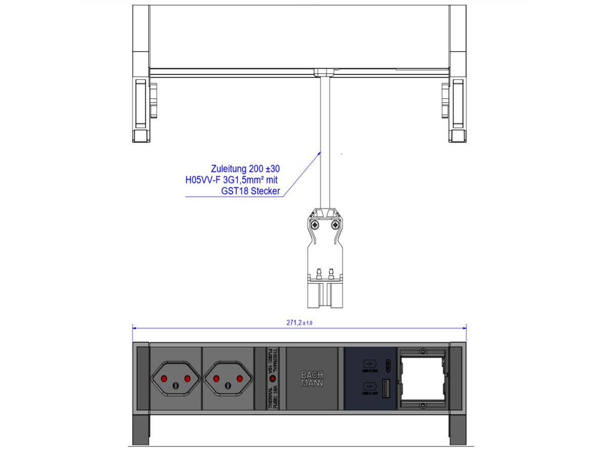BACHMANN DESK2 2xCH 1xUSB A/C 22W 1xCM, 0,2m GST18 RAL9010 Zwitserland