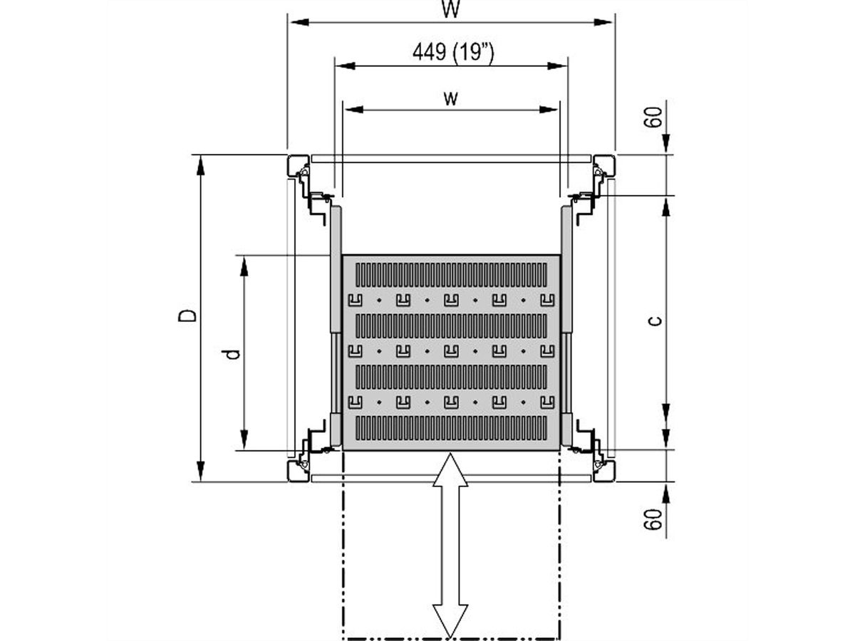 SCHROFF 19" uitschuifbare plank voor Varistar, Novastar, Eurorack, 70 kg, RAL 7021, 553W 600D