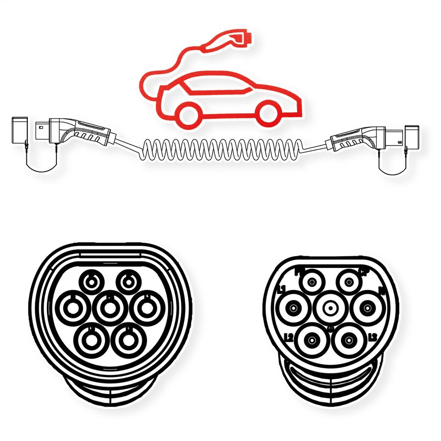 ROLINE EV Charging Cable Assembly Type2, 1-Phase, 250VAC (1P+N+E), 32 A, 7.4 kW, spiral (max. 1.8m)