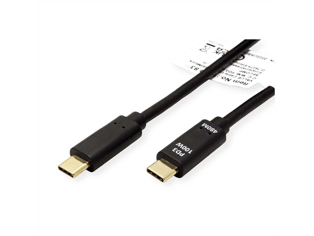 VALUE USB 2.0 Kabel, C–C, M/M, 100W, zwart, 3 m