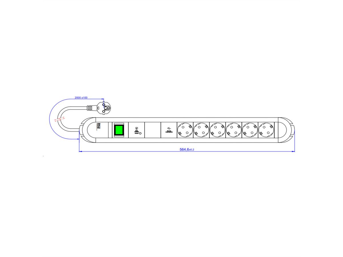 BACHMANN PRIMO 6xCEE7/3 1xGVS-Plus 1xswitch 2.0m CEE7/7
