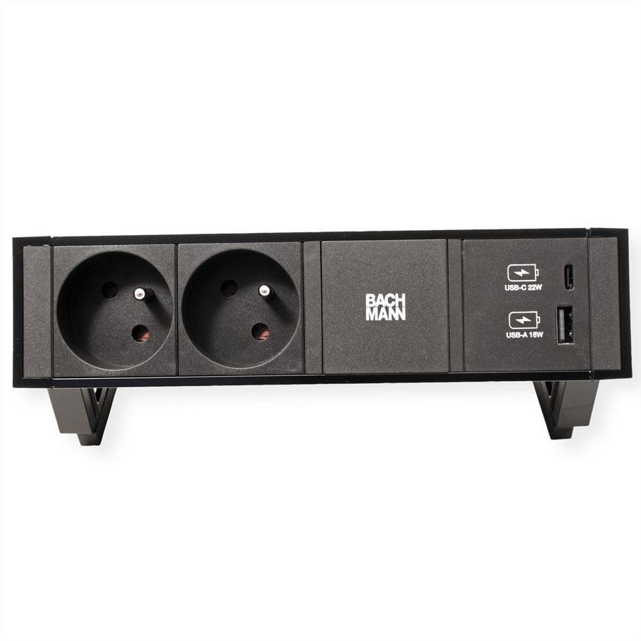 BACHMANN DESK2 2xUTE 1xUSB A/C 22W, GST18 RAL9005, schwarz, 0,2 m