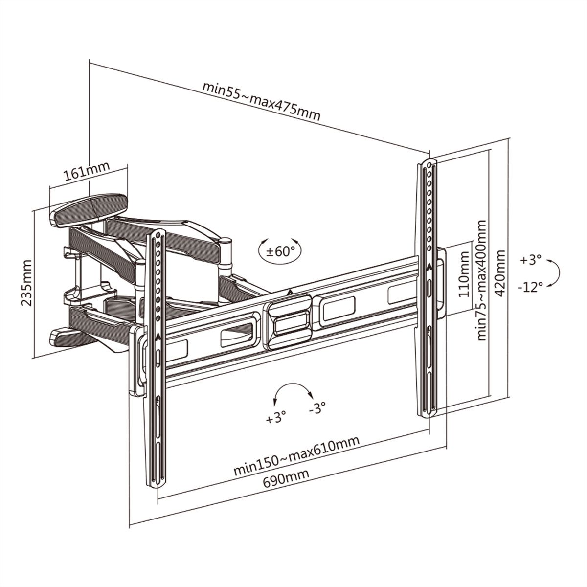 VALUE Solid Articulating Wall Mount TV Holder, up to 203.2 cm (37" - 80"), < 45 kg