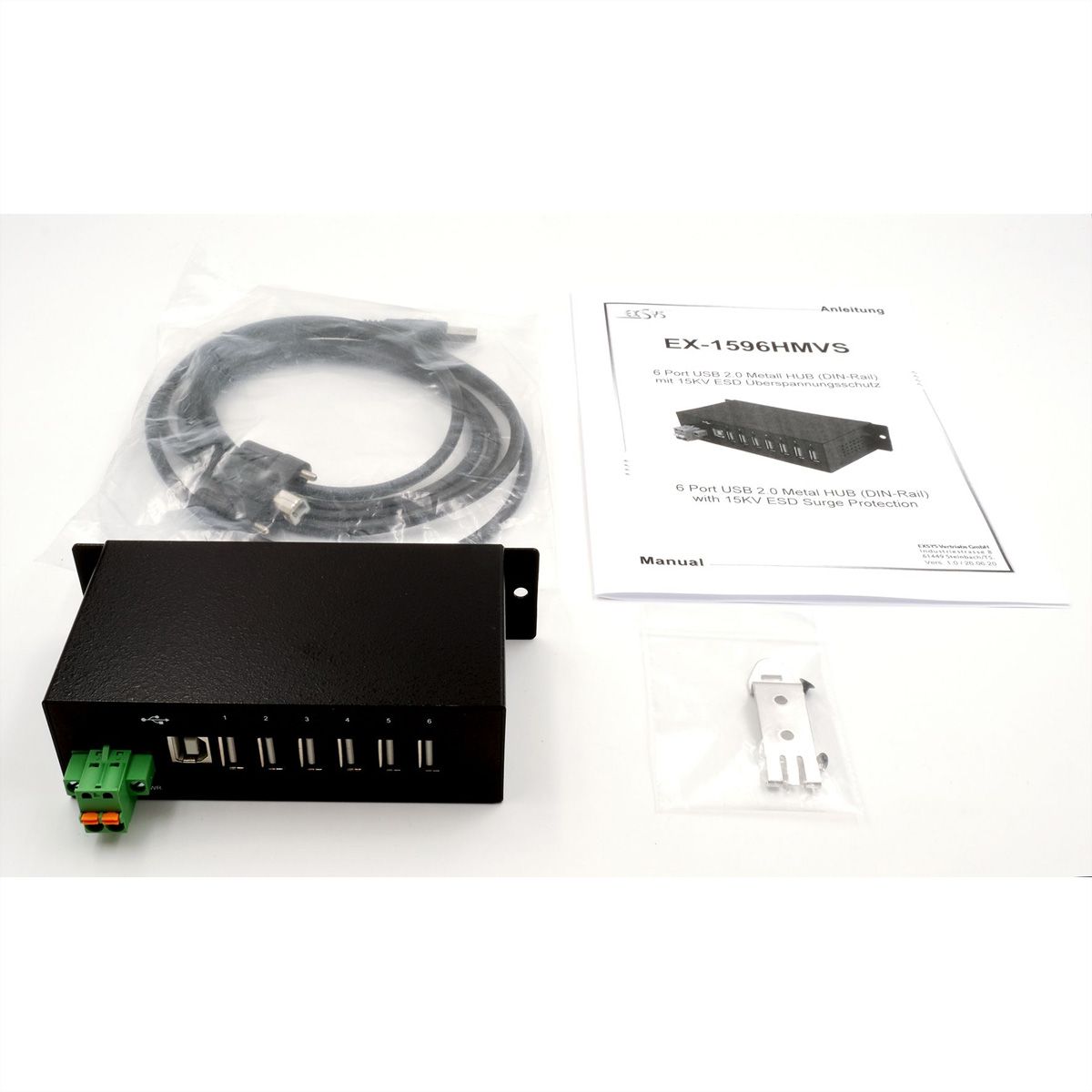 EXSYS EX-1596HMVS 6 Port USB 2.0 Metall HUB mit 15KV ESD Überspannungs-Schutz (Din-Rail)