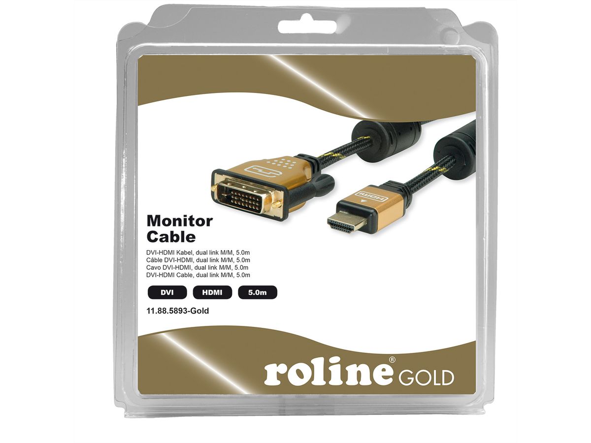 ROLINE GOLD Monitor Cable, DVI (24+1) - HDMI, Dual Link, M/M, Retail Blister, 5 m
