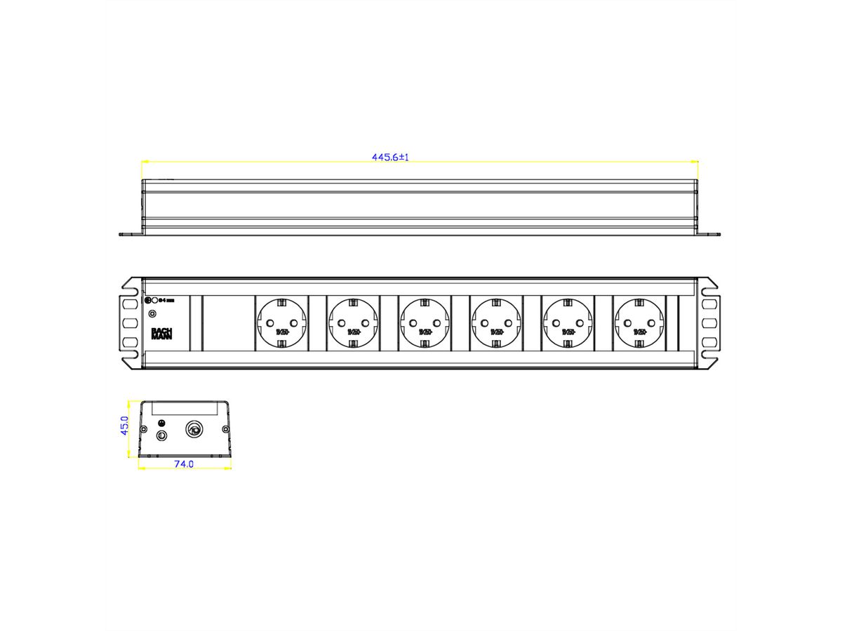 BACHMANN stekkerdoos 6x geaard contact, 19-inch rack-compatibel, 2 m