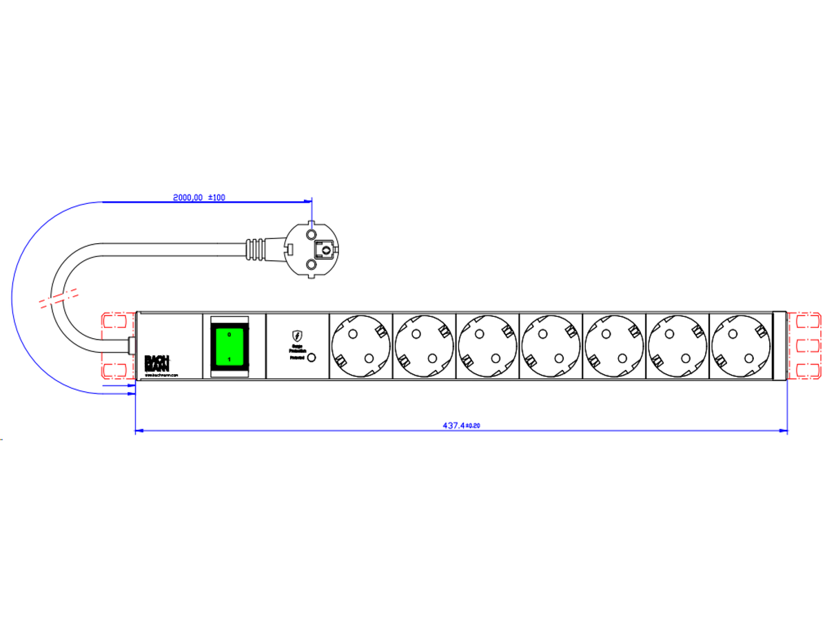 BACHMANN 19" 1U 7xCEE7/3 1xSPD-Plus 1xswitch 2.0m CEE7/7