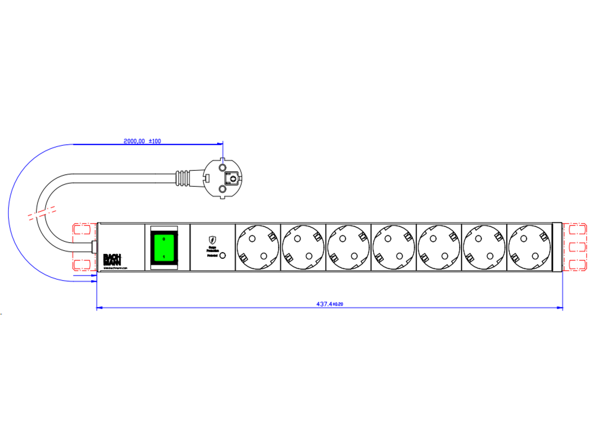 BACHMANN 19" 1U 7xCEE7/3 1xSPD-Plus 1xswitch 2,0m CEE7/7