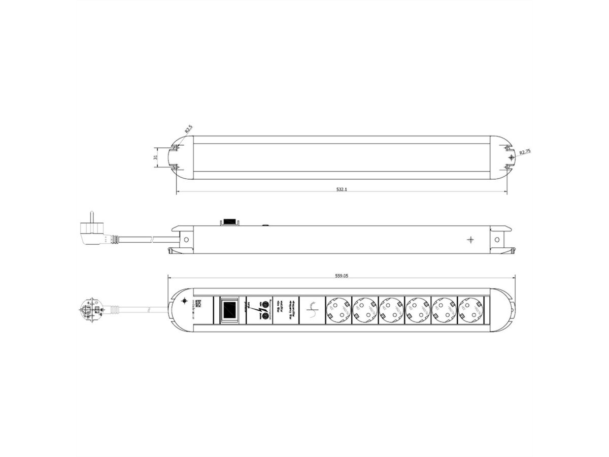 BACHMANN PRIMO socket strip 6x earthing contact, full device protection switch, 1.75 m