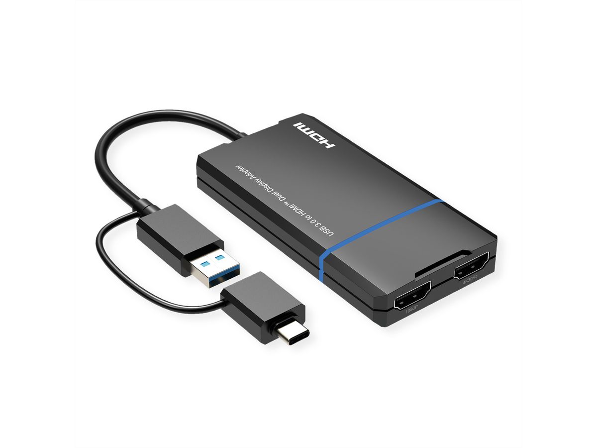 VALUE USB 3.2 Gen 1 (USB-A or USB-C) to 2x HDMI Adapter, 4K@30Hz + 1080P@60Hz