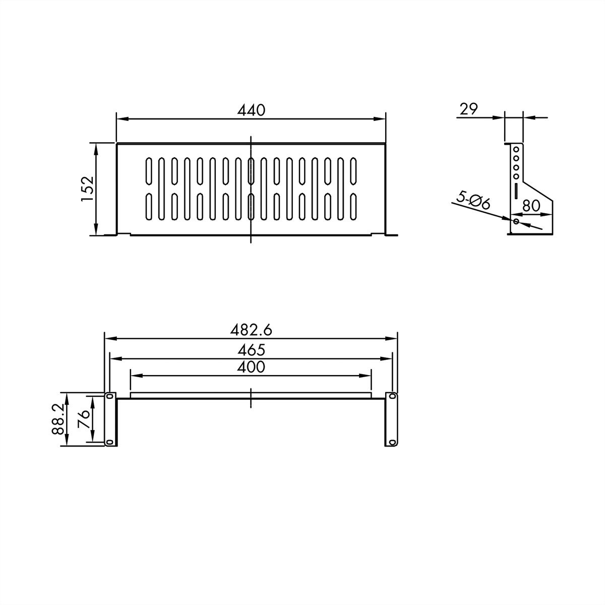 VALUE 19"-Legplank, 485 x 150mm, 2HE, max. 15 kg, zwart