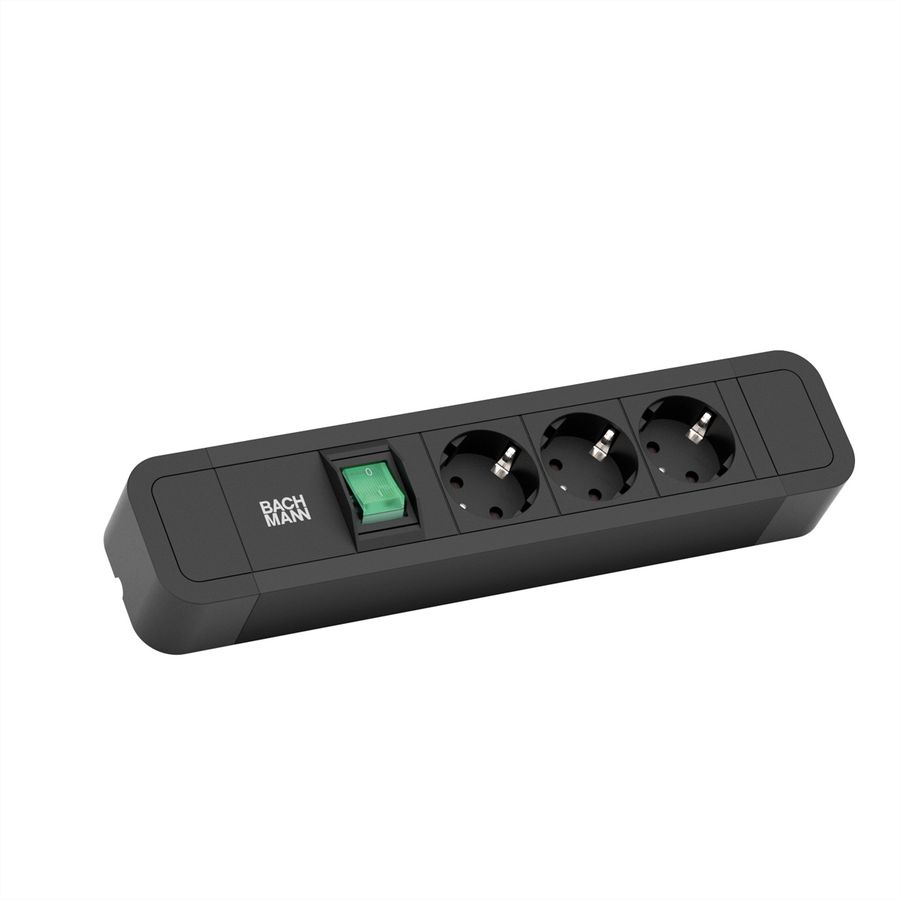 BACHMANN PRIMO2 socket strip 3x earthing contact, aluminium, switch, black, 2 m