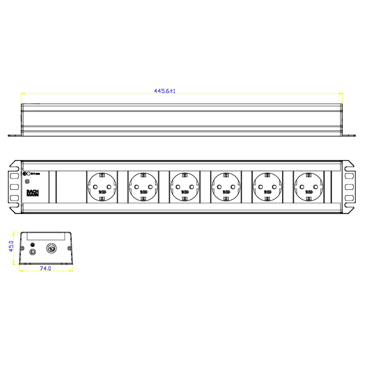 BACHMANN craftsman's strip 6x earthing contact, 19-inch rack compatible, 2 m
