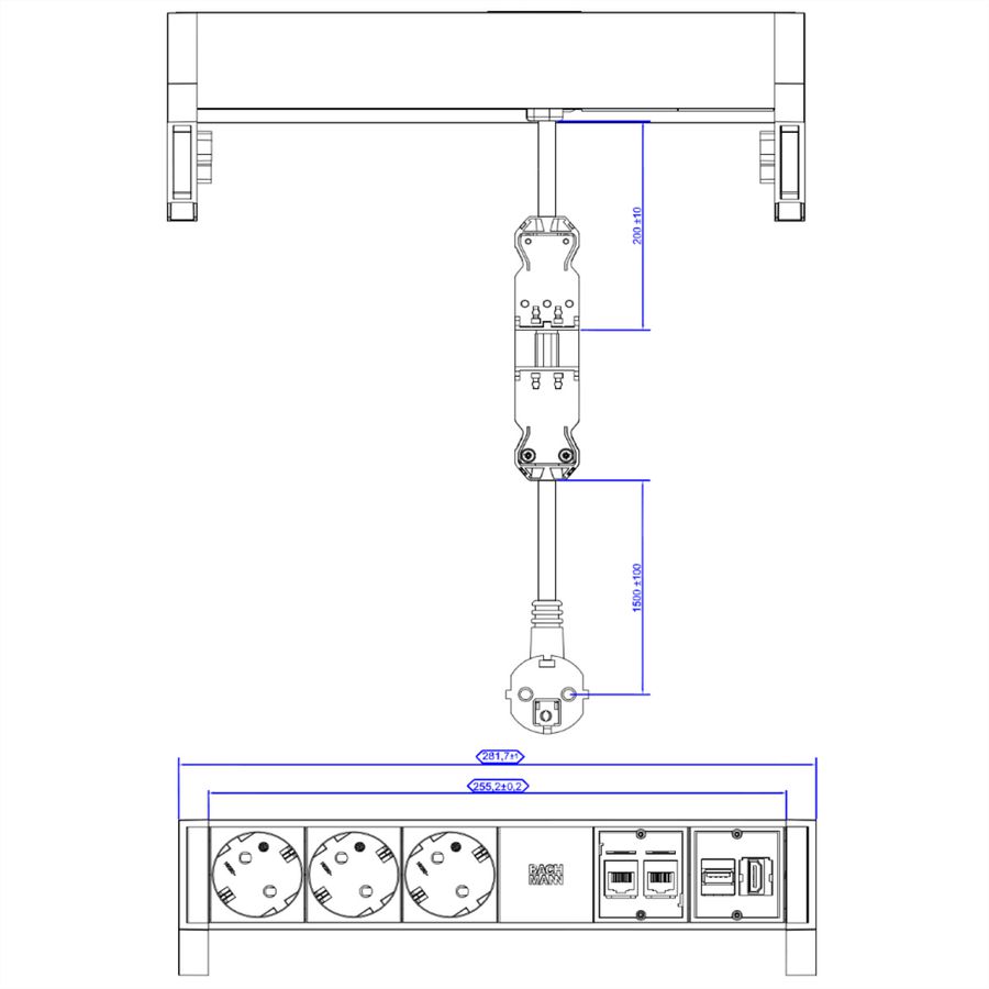 BACHMANN socket strip DESK2 3x earthing contact, 2x CAT6a, 1x HDMI, USB3.0, white