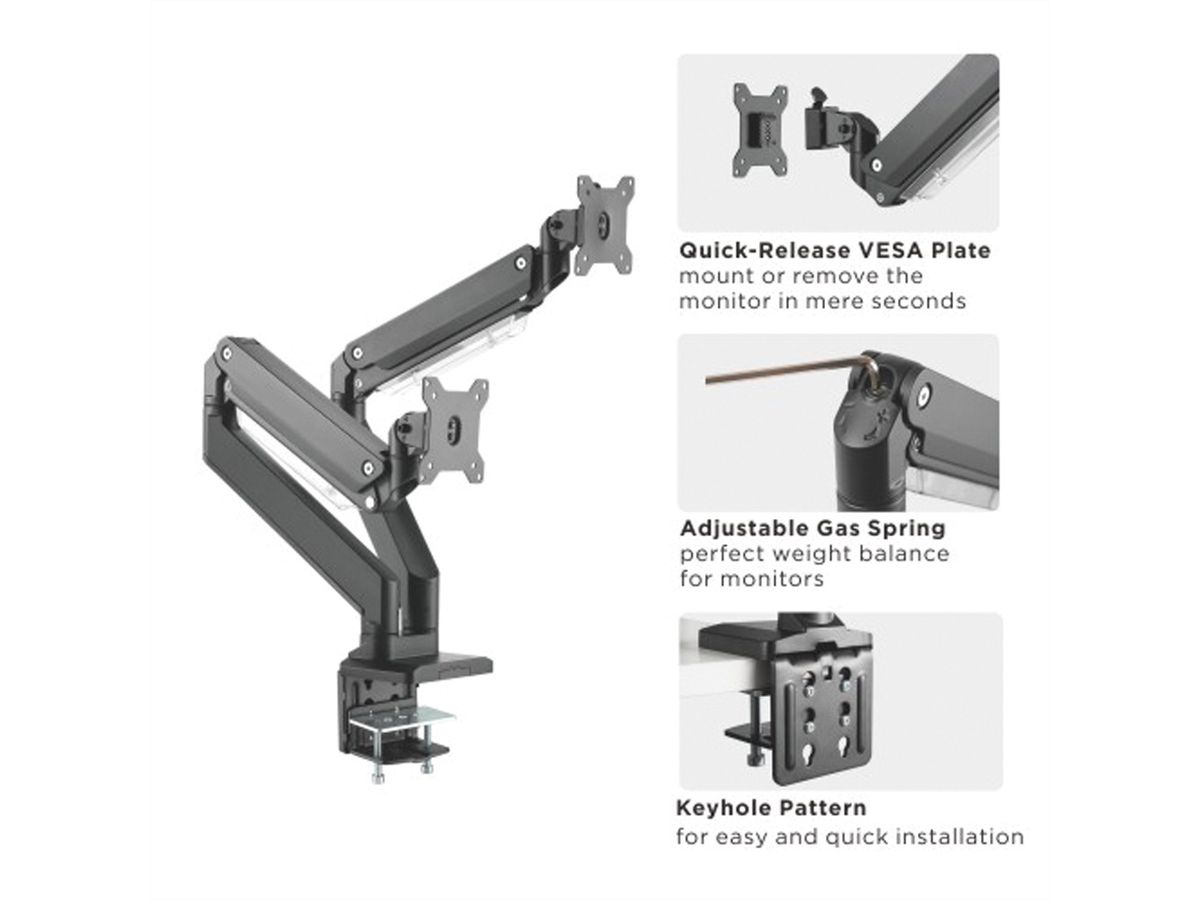 ROLINE Dual LCD Monitor Stand Pneumatic, Desk Clamp, Pivot, 5 Joints, , max. 15 kg, up to 35"