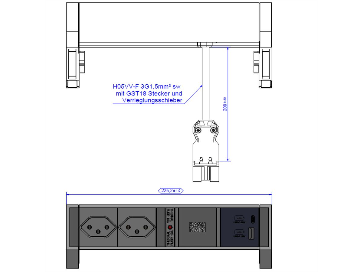 BACHMANN DESK2 2xCH 90° 1xUSB A/C 22W, 0.2m GST18 RAL9005 Switzerland