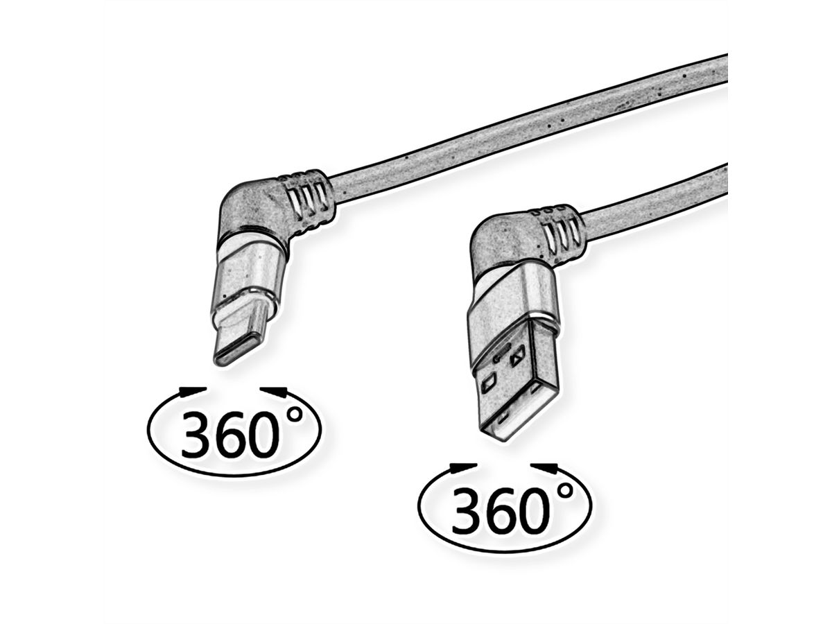 ROLINE 360° Rotation USB 2.0 Cable, C - A, M/M, 60W, Red Black, 1 m
