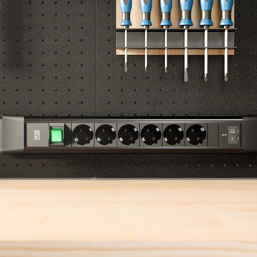 BACHMANN CONNECTUS 6xCEE7/3 1xSwitch, 1xUSB C/C 65W L=2.0m CEE7/7 black