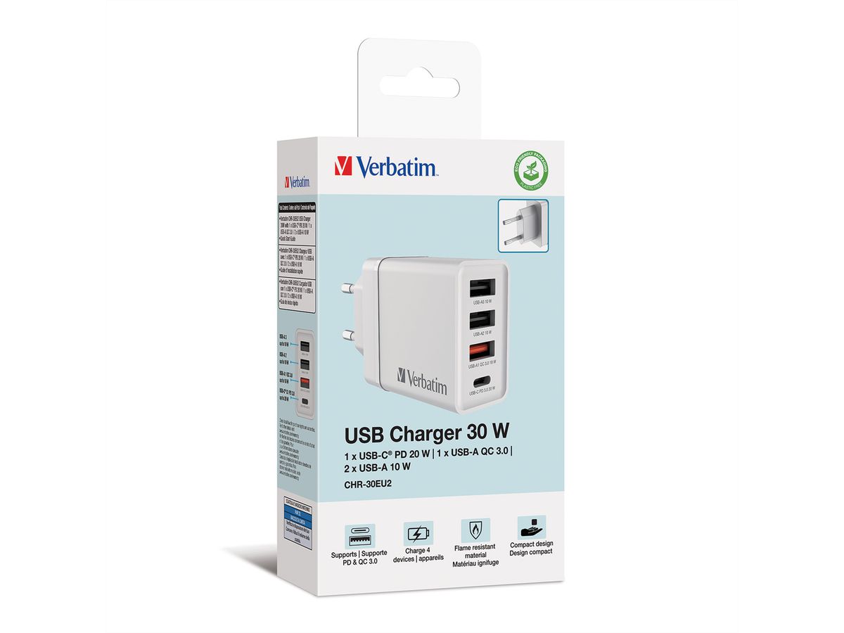 VERBATIM Ladeadapter 30W GaN weiß
