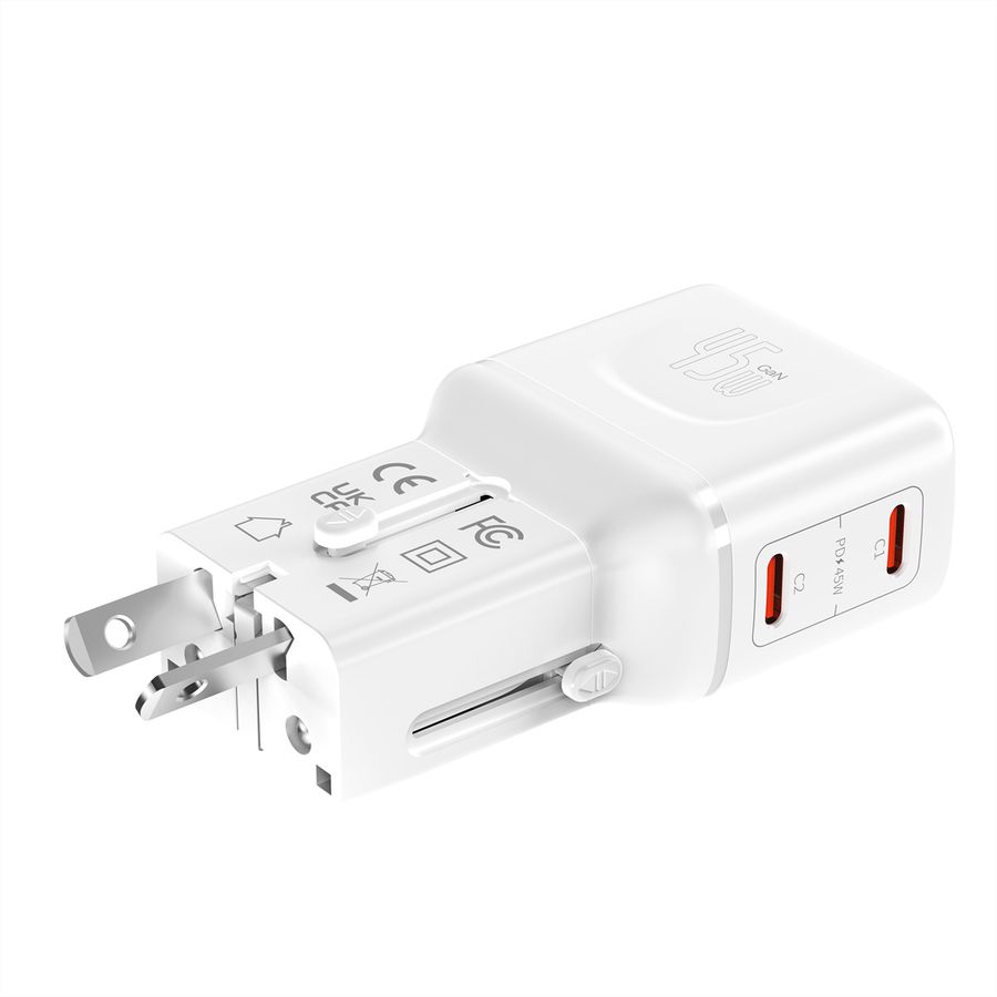 VALUE reisoplader met platte Euro/UK/US stekker, 2 USB-C-poorten, 45 W