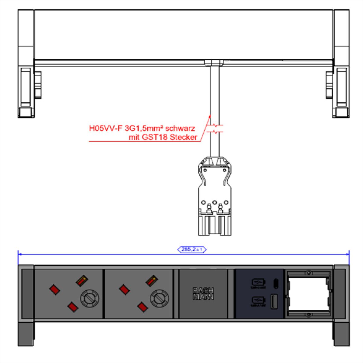 BACHMANN DESK2 2xUK 1xUSB A/C 22W 1xCM, 0.2m GST18 INOX United Kingdom