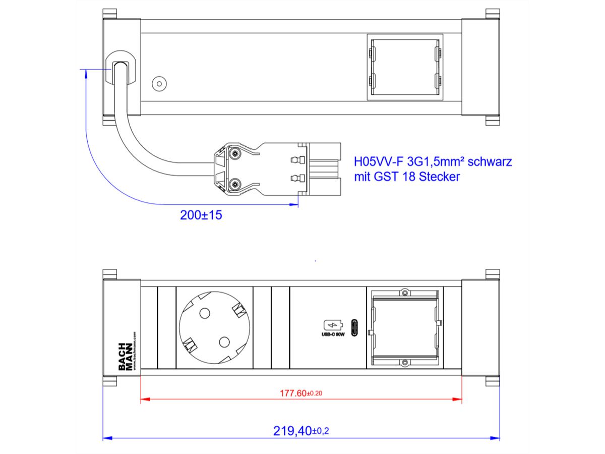 BACHMANN POWER FRAME 1xCEE7/3, 1xUSB C 30W 1xCM 0.2m GST18