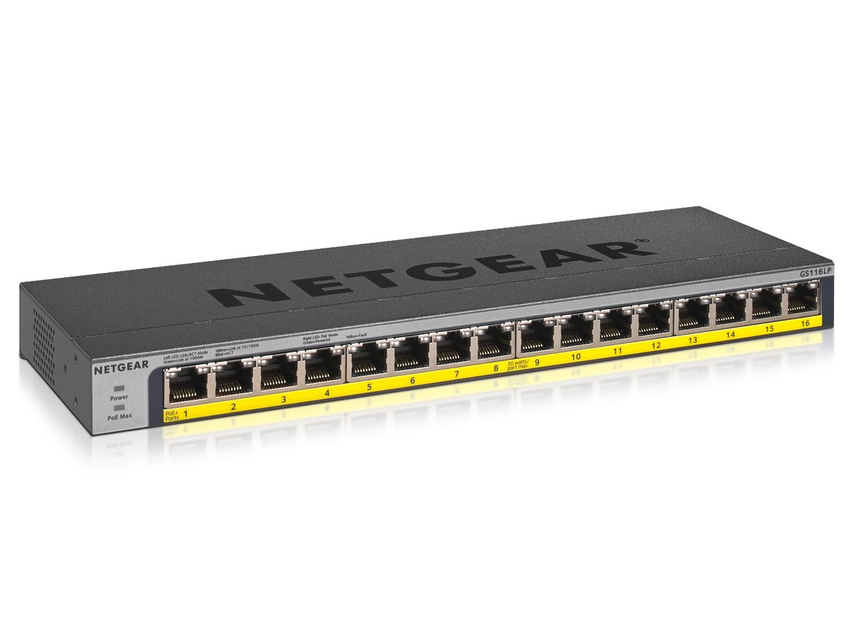 Netgear GS116LP Unmanaged Gigabit Ethernet (10/100/1000) Zwart Power over Ethernet (PoE)