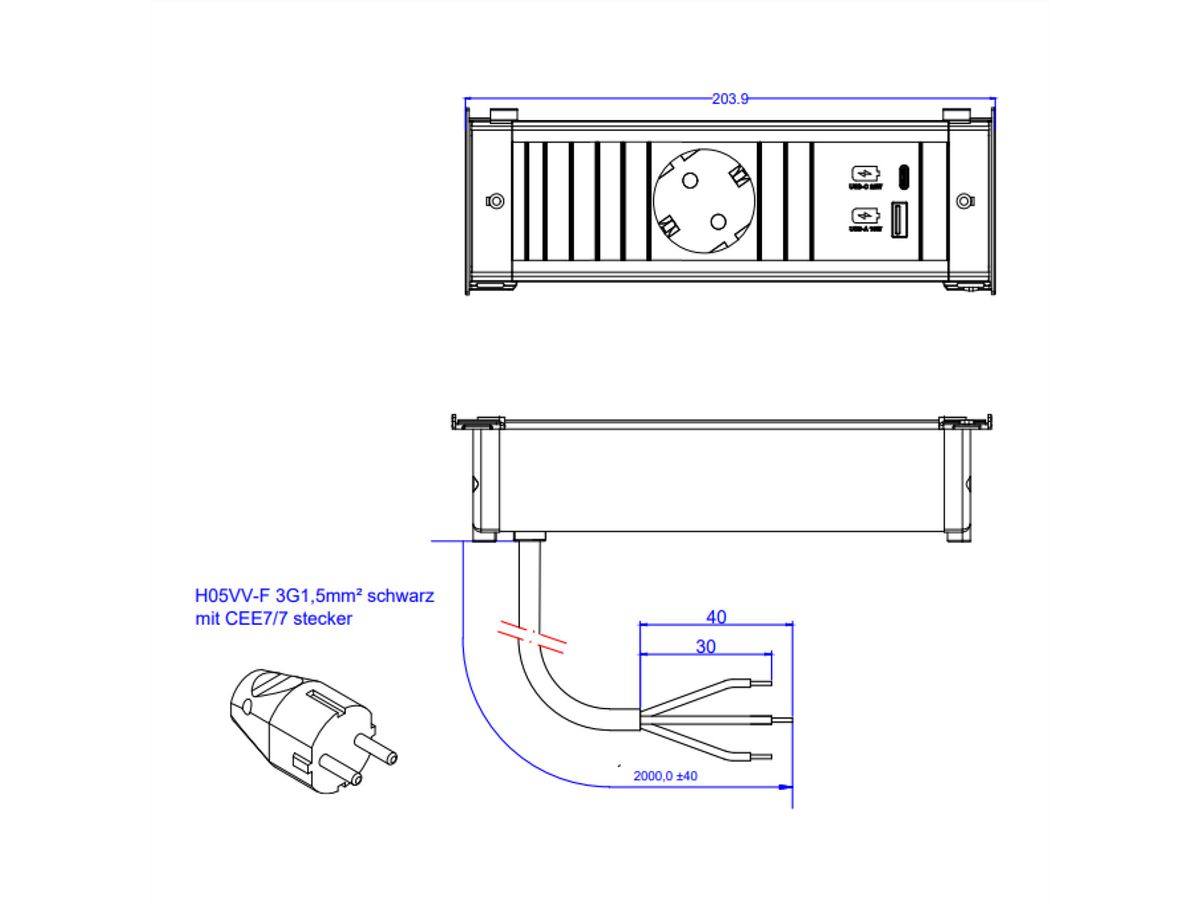 BACHMANN KAPSA S 1xCEE7/3 1xUSB A/C 22W 2.0m CEE7/7