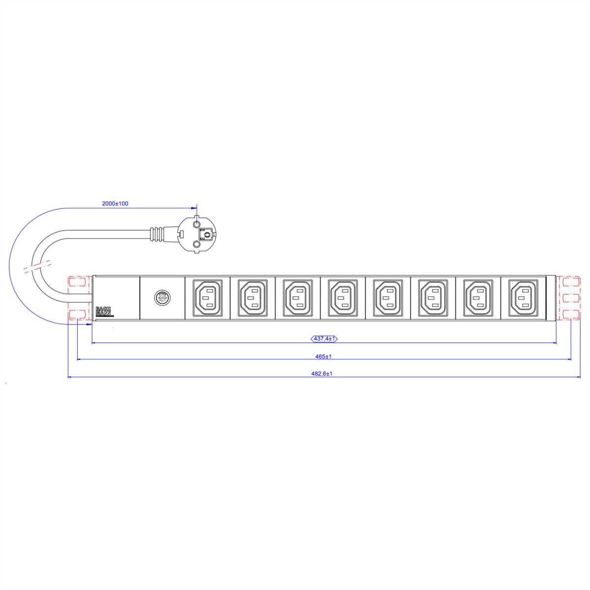 BACHMANN Stekkerdoos 19" 8x C13 connectoren, stroomkabel met geaarde stekker, zwart, 10A zekering