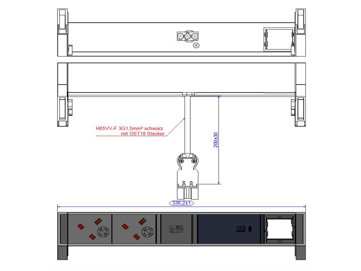 BACHMANN DESK2 2xUK 1xUSB C 60W 1xCM, 0,2m GST18 RAL9010, Verenigd Koninkrijk