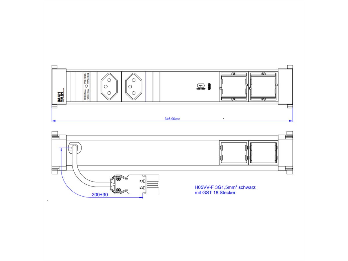 BACHMANN POWER FRAME L 2xCH, 1xUSB C 60W 2xCM 0.2mGST18 Switzerland