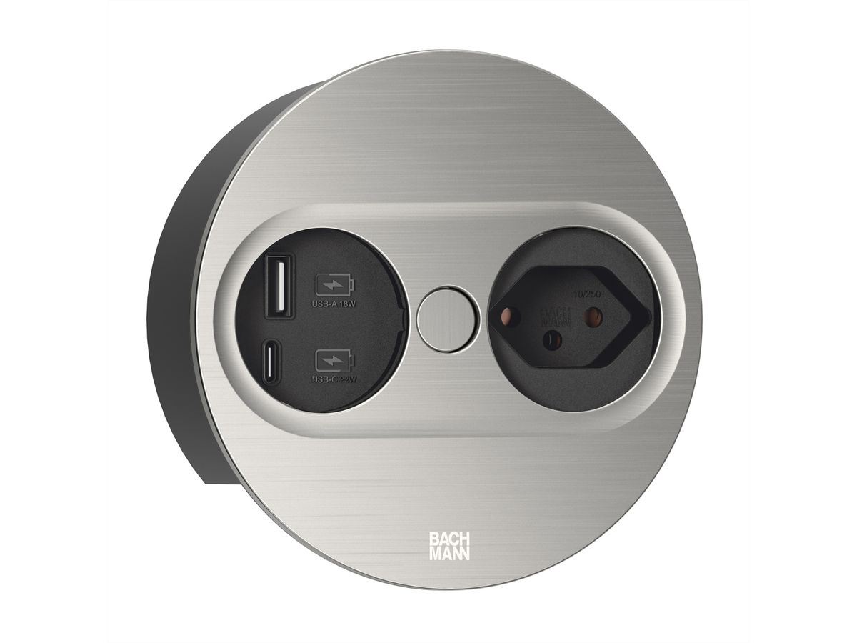 BACHMANN TWIST2 1xCH 1xUSB A/C 22W, L=2.0m AEH T12 stainless steel look round