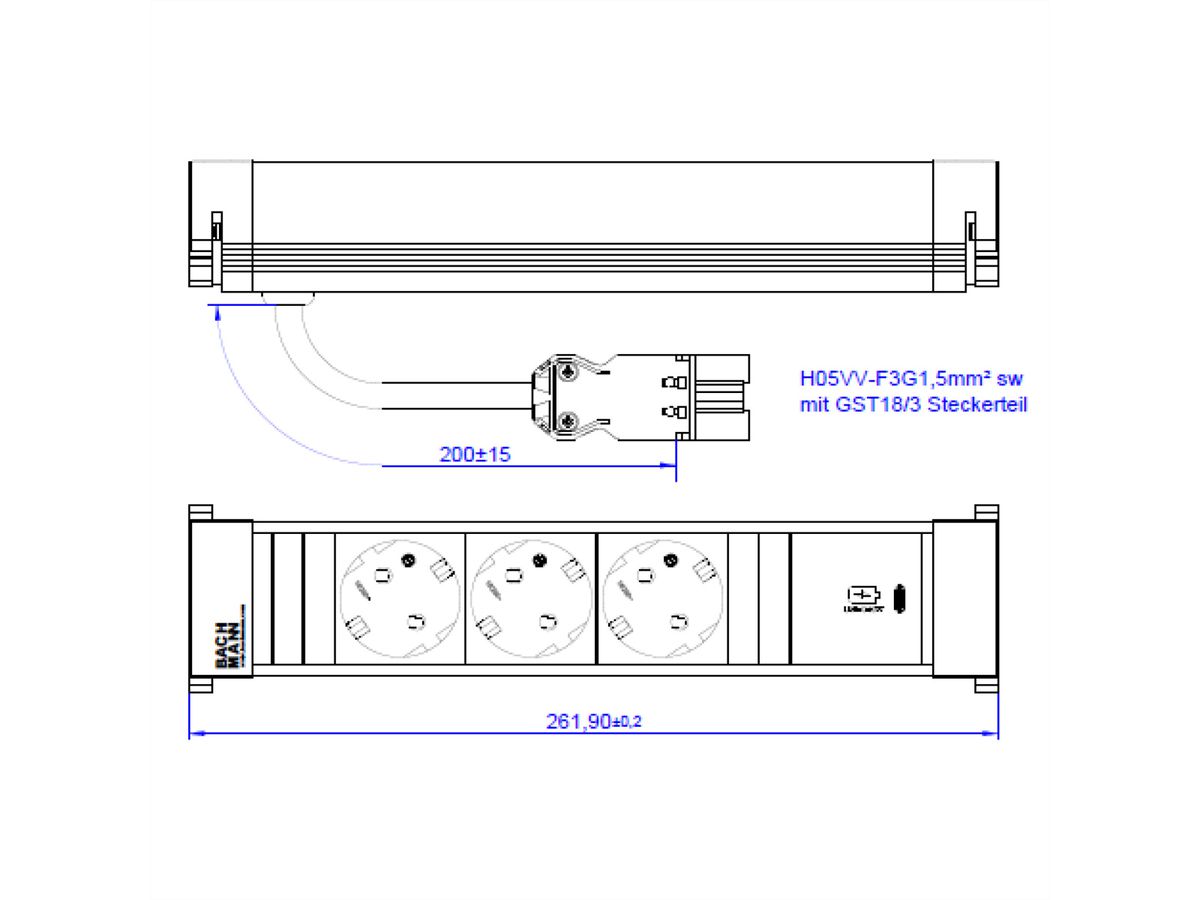 BACHMANN POWER FRAME M 3xCEE7/3, 1xUSB C 30W 0.2m GST18