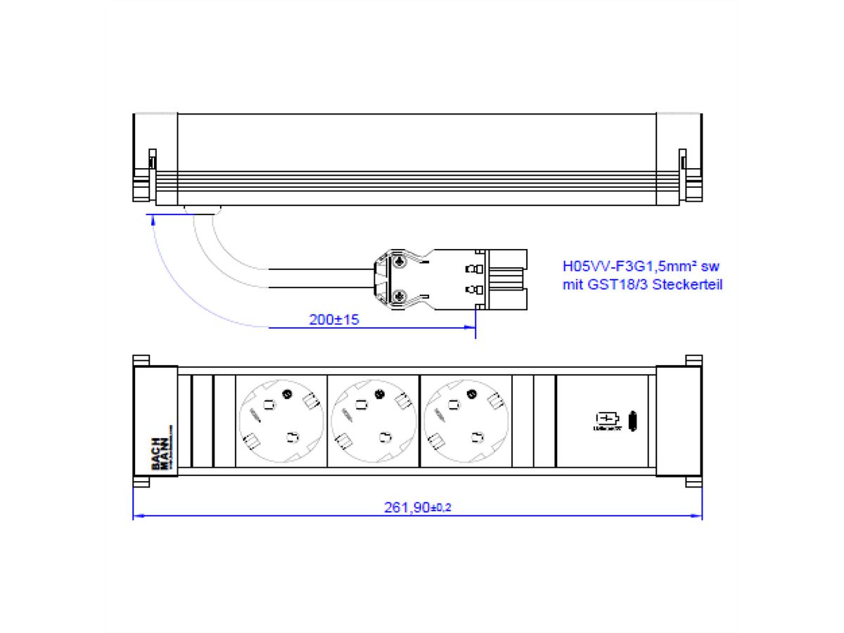 BACHMANN POWER FRAME M 3xCEE7/3, 1xUSB C 30W 0,2m GST18