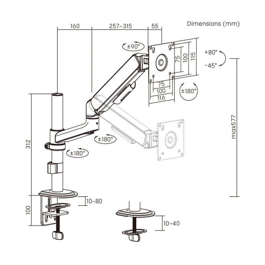 STANDARD Pole-Mounted Monitor Arm, Mechanical Spring, 17–32 inch, max. 10 kg, black