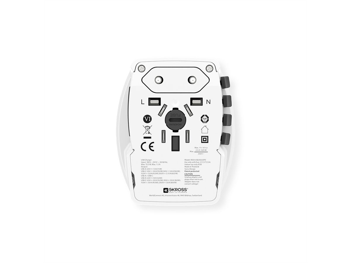 Skross MUV USB AC65PD World Travel Adapter with USB C Cable, worldwide