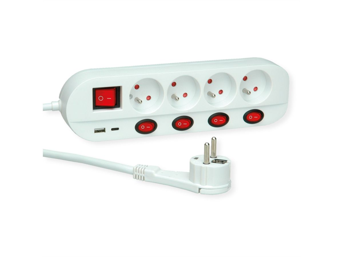 ROLINE 4-fach Steckdosenleiste mit Schalter, UTE Version, USB-Charger A+C, 3 m