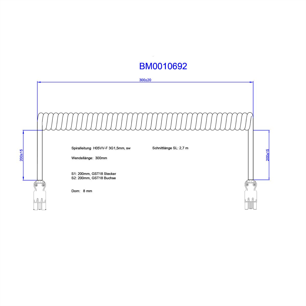 BACHMANN Spiralleitung H05VV-F 3G1,5mm² L:0,3m sw ISV