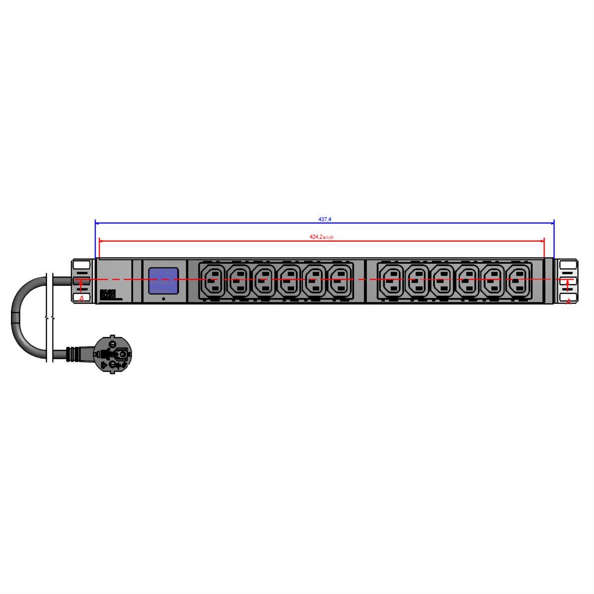 BACHMANN BN0500 19" PDU 1U 12x C13 vermogensmeting, geaarde stekker