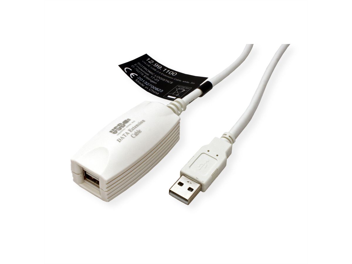 VALUE USB 2.0 verlenging, 1 poort, wit, 5 m