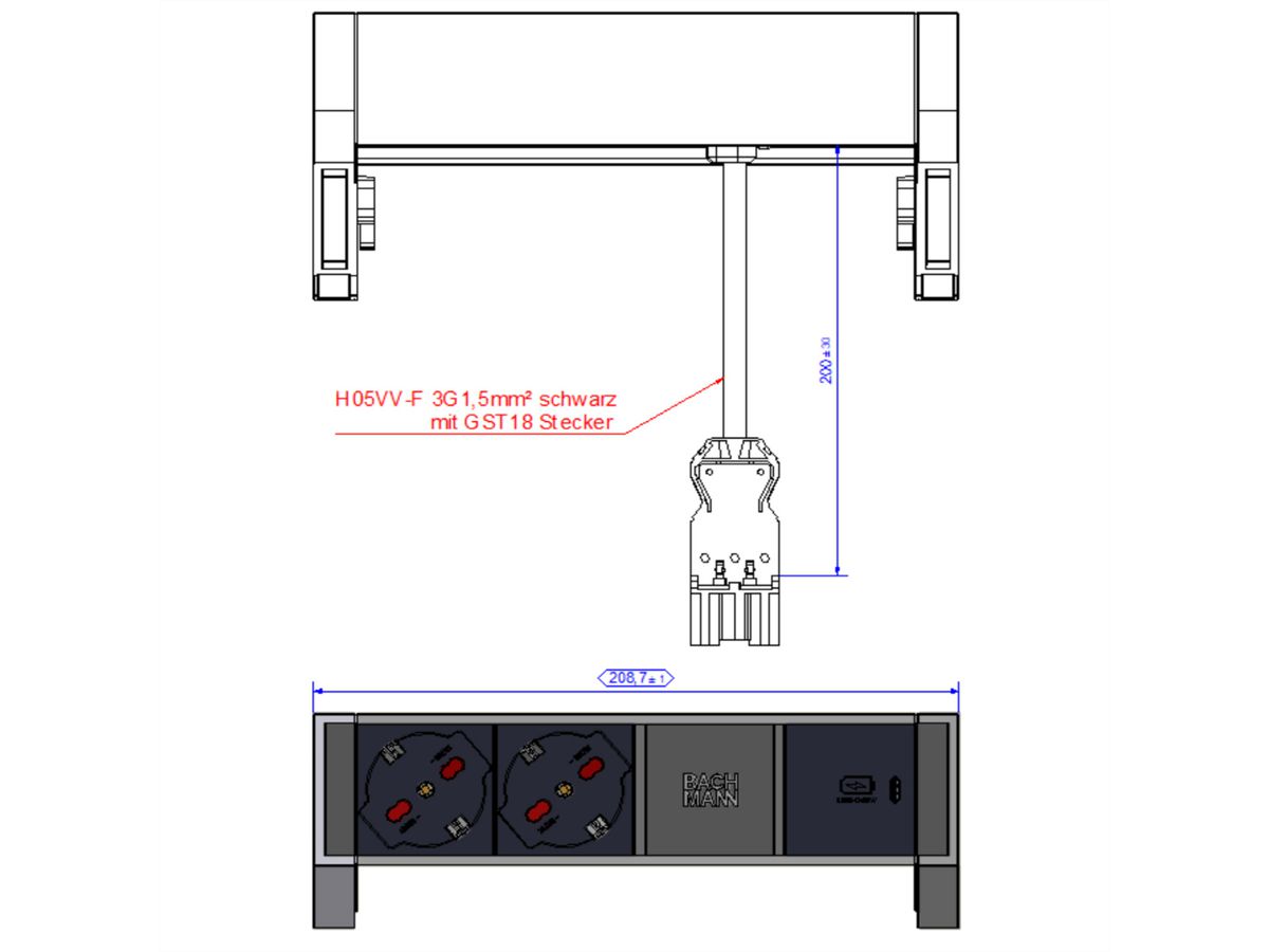 BACHMANN DESK2 ALU ZWART 2xP40, 1xUSBC 30W 0,2m GST18 Italië