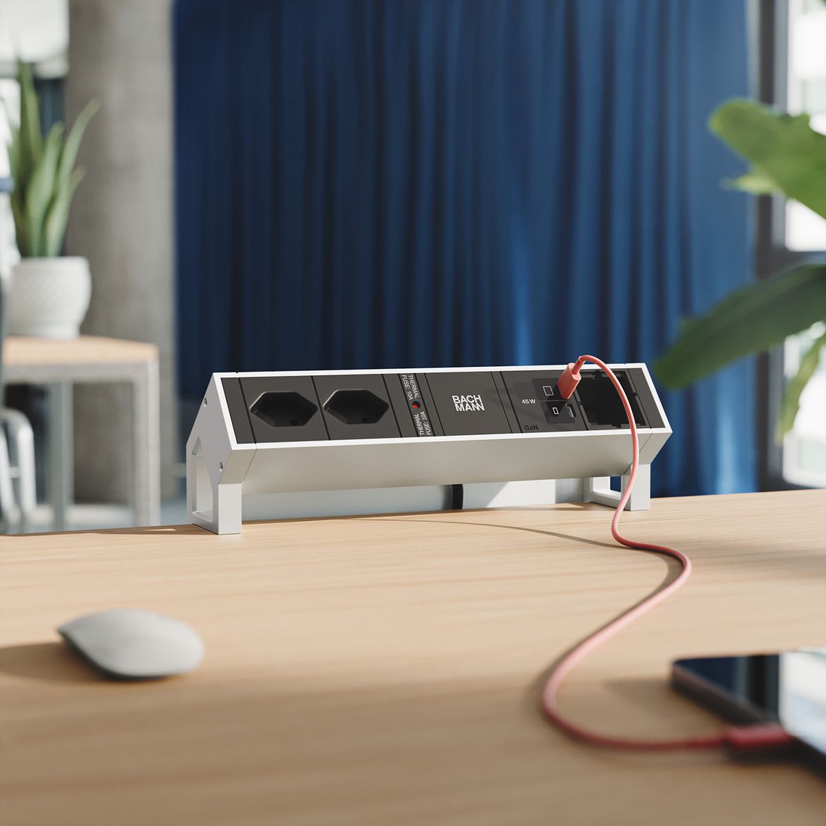 BACHMANN DESK2 2xCH 90° 1xUSB C/C 45W, 1xCM L=0.2m INOX