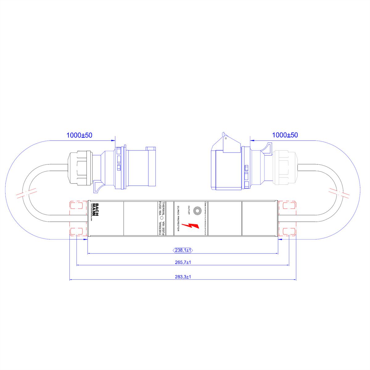 BACHMANN ALU 1U VM 1xSPD without LED, 1m H05VV-F 3G4.00mm CEE 32A