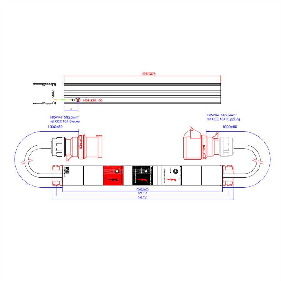 BACHMANN IT PDU Basic Inline SPD, 3ph 3x16A ÜSS 1m H05VV-F 5G2.5mm CEE 16A