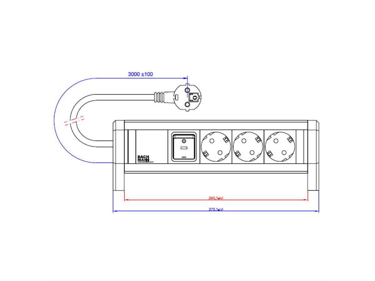 BACHMANN DESK 3x geaard stopcontact, met schakelaar, 3 m