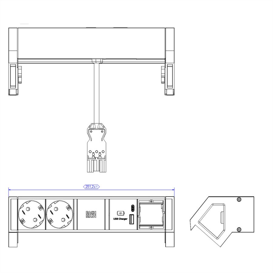 BACHMANN DESK2 2xbeschermend contact USB A&C, USB Lader 22W 1xABD 0,2m GST18 zwart