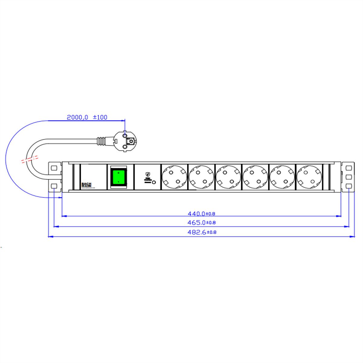 BACHMANN 19" 1.5U 6xCEE7/3 1xswitch 1xSPD-Plus 2.0m CEE7/7
