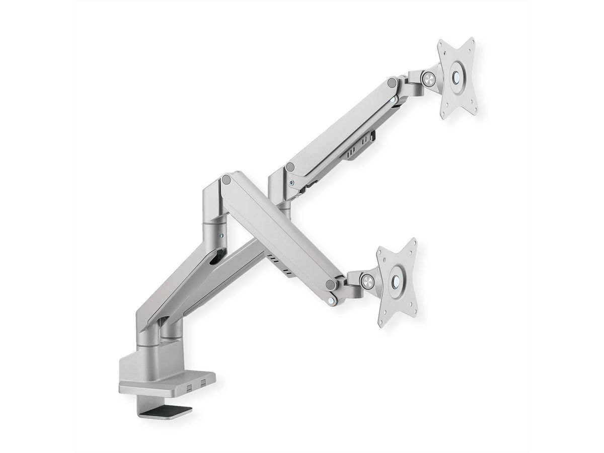 ROLINE Dual LCD Monitor Stand Pneumatic, Desk Clamp, Pivot, 2 Joints, silver