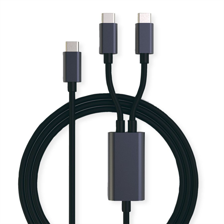 ROLINE USB type C split oplaadkabel, USB-C - 2x USB-C, M/M, max. 100W, zwart, 1,85 m