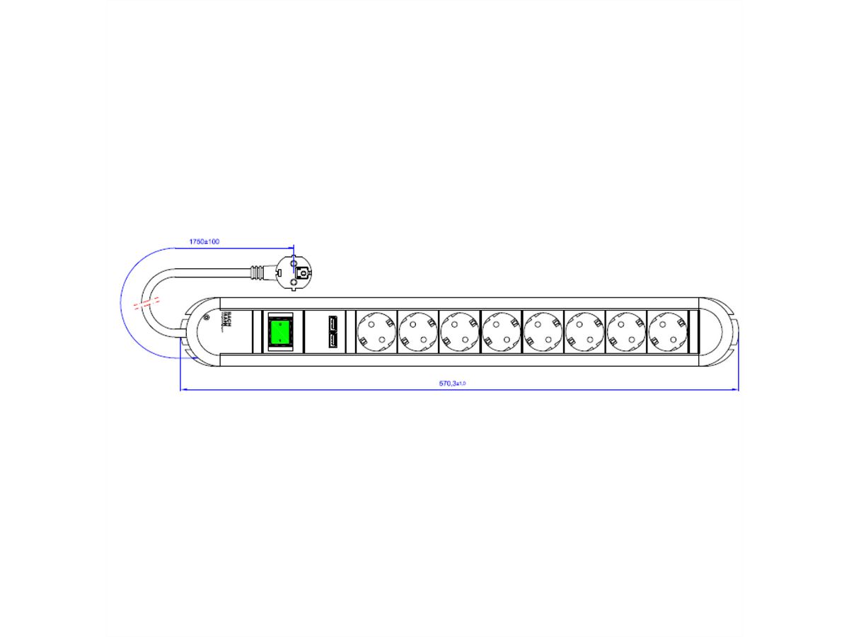 BACHMANN PRIMO stekkerdoos 8x geaard contact, 2x USB laadpoort, met schakelaar, 1,75 m
